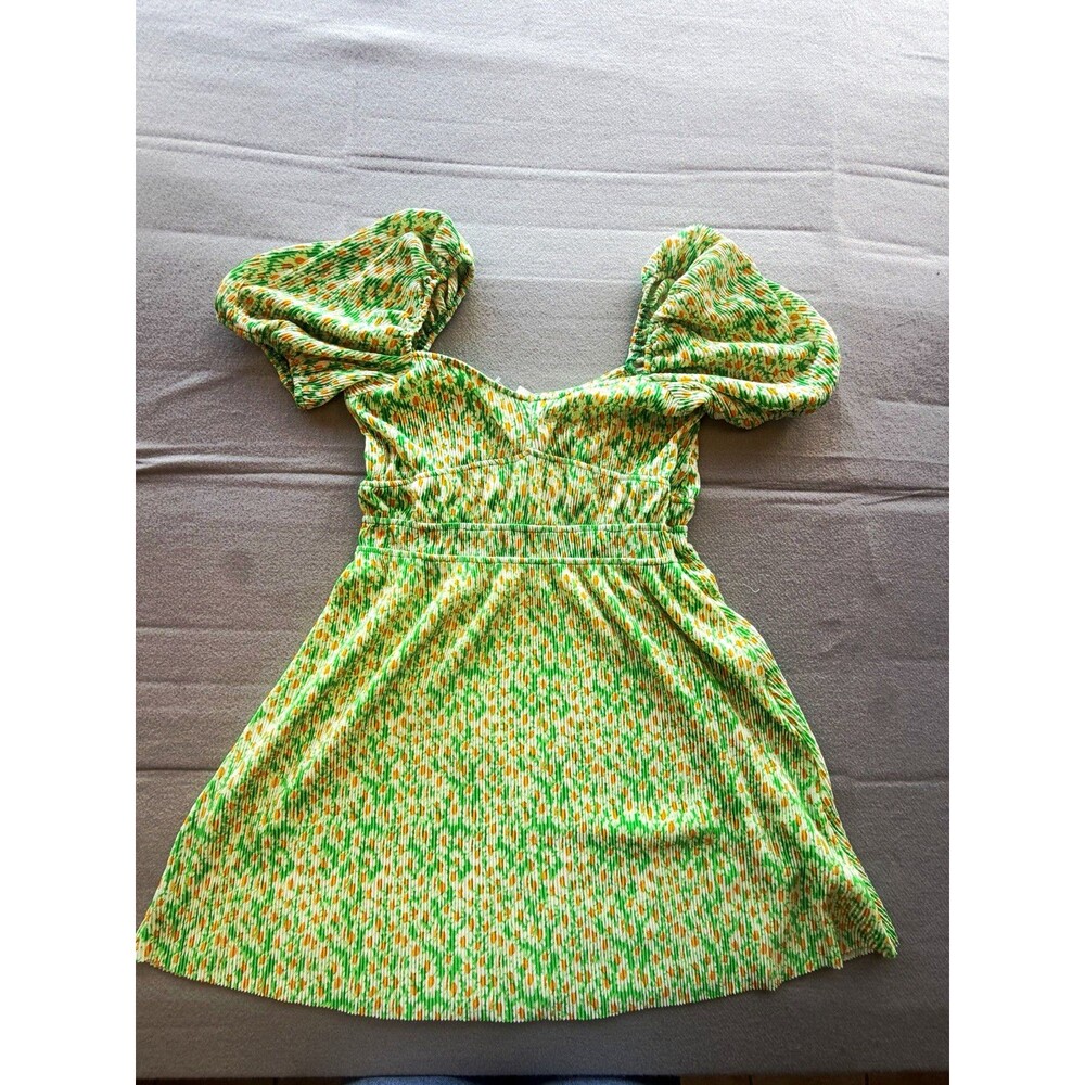 ASOS DESIGN Green White Yellow Floral Smocked Puff Sleeve Mini Dress US 12
